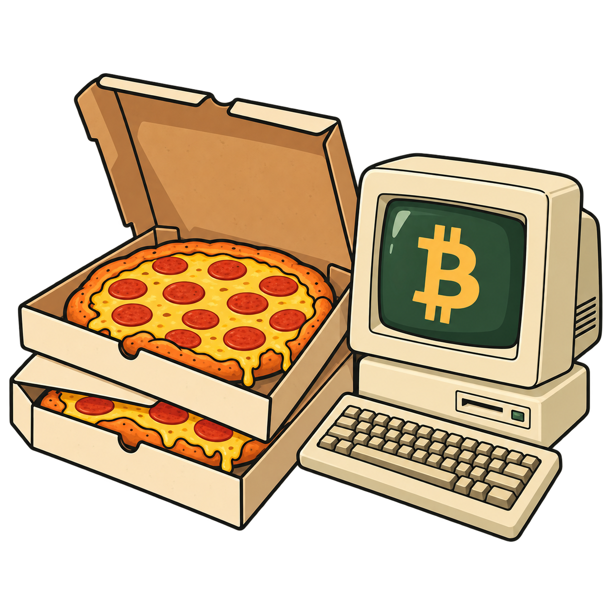 Comic illustration of two pizza boxes next to a vintage computer showing the Bitcoin symbol