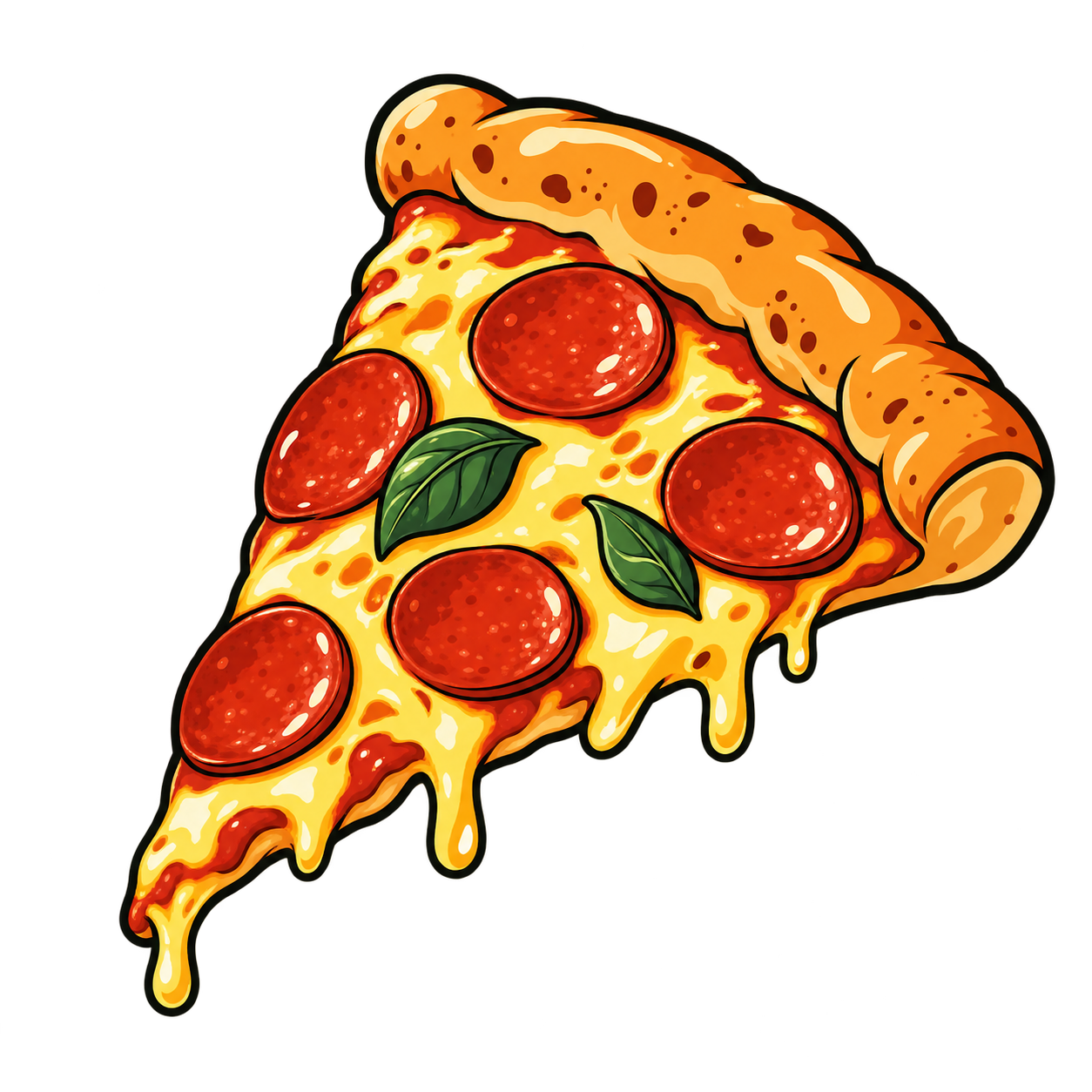 A freshly baked pepperoni slice with dripping cheese and basil